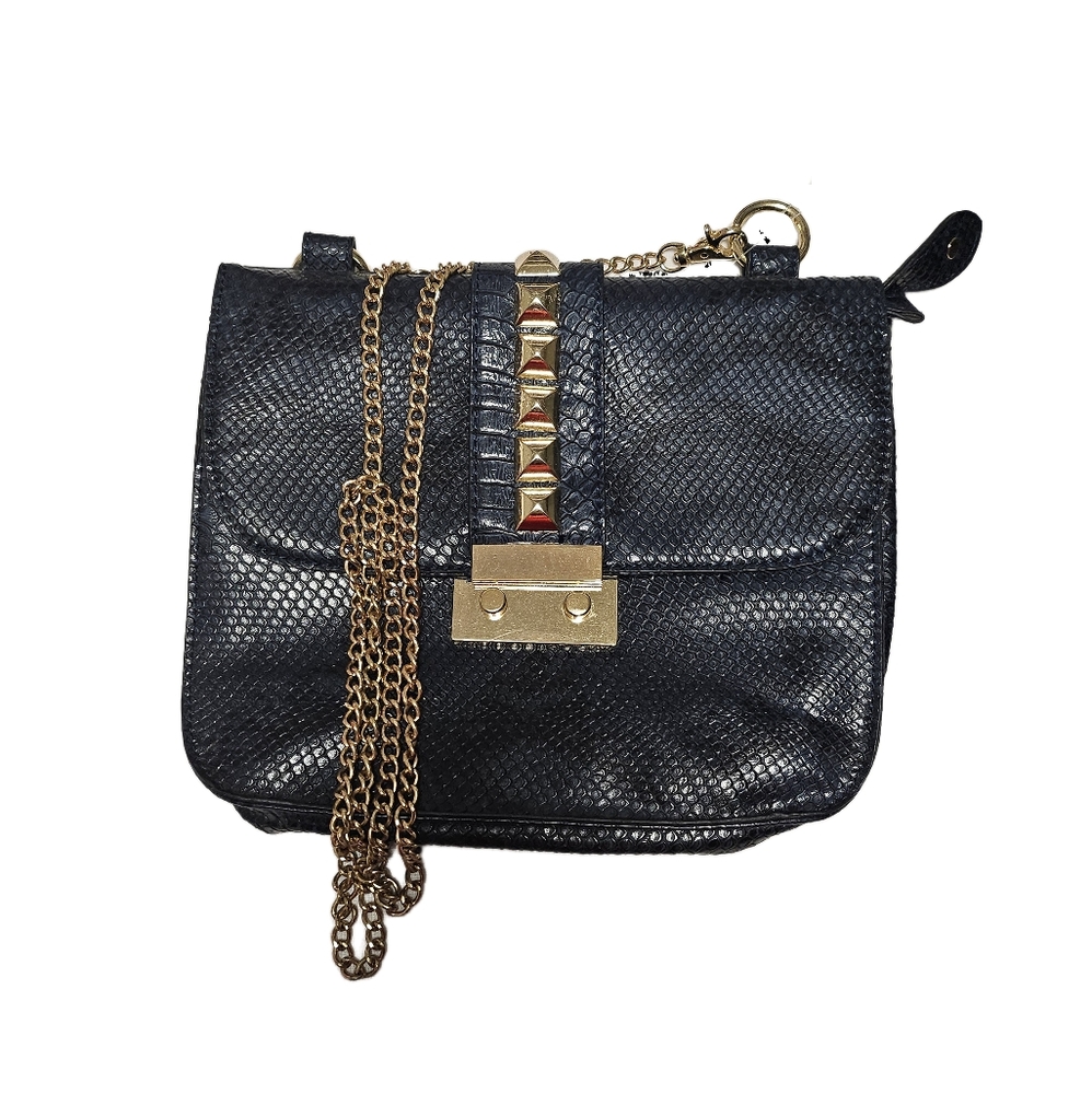 Crossbody Bag, Black Faux Snake Pattern Leather, Gold Chain Strap